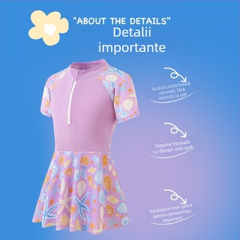 Costum de baie pentru fete, floral, moale și respirabil, o piesă cu fermoar parțial, mâneci scurte, partea inferioară cu fustă