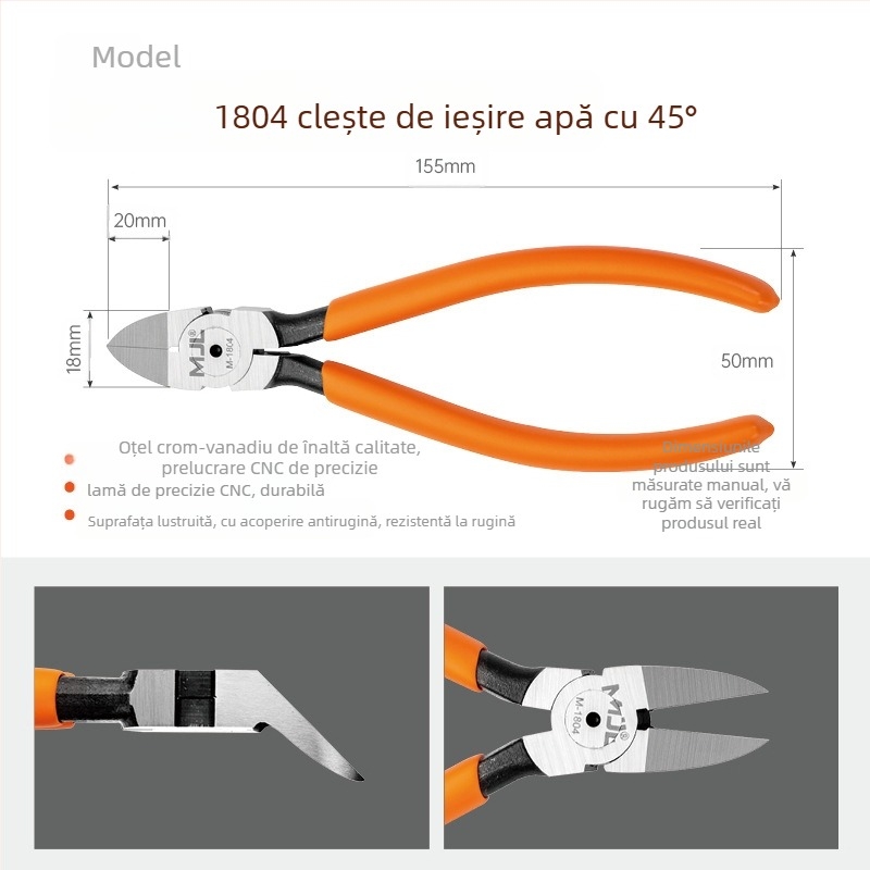 Meijialong clește industrial 90° pentru gură de apă cu variante 45° și unghi drept | Oțel crom-vanadiu CR-V | Tratament termic 42–50 HRC | Muchie de tăiere 54–62 HRC | Greutate 0,11 kg | Strat anticoroziune
