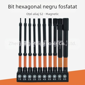 Set de 10 biti hex metrice, finisare fosfata, aliaj S2, rezistent la impact, profil subțire