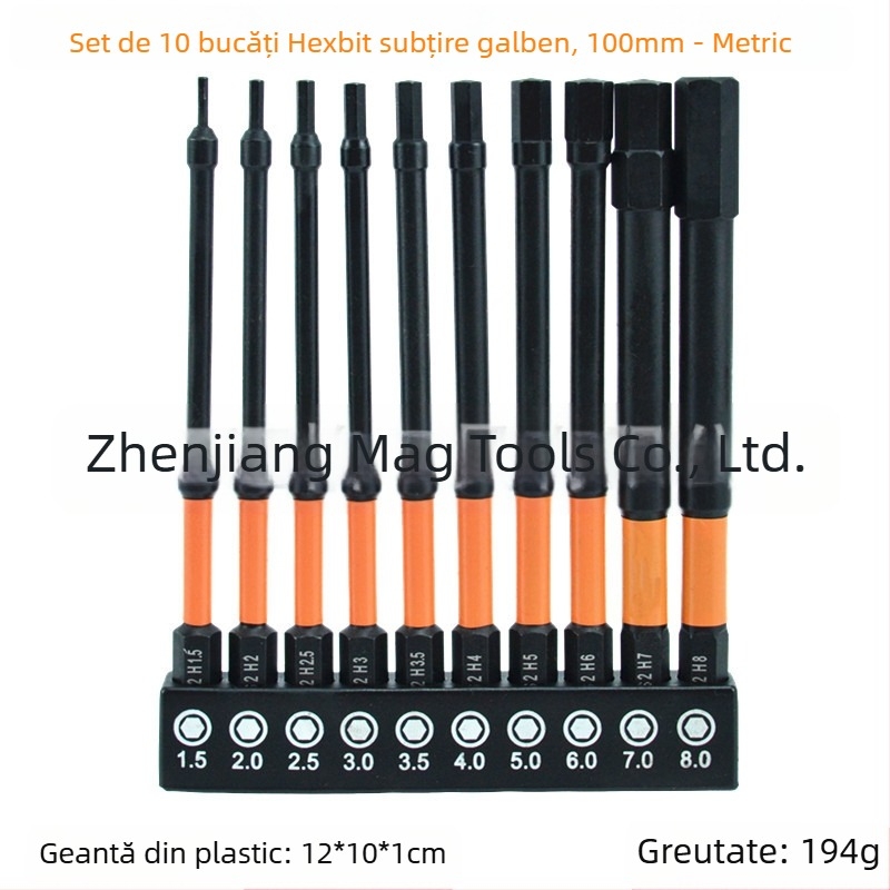 Set de 10 biti hex metrice, finisare fosfata, aliaj S2, rezistent la impact, profil subțire