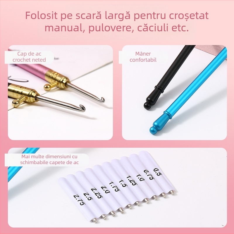 Croșetă cu mâner metalic și capete interschimbabile, unealtă compactă pentru dantelă