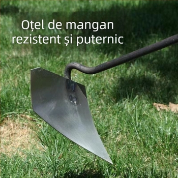 Lopată triunghiulară din oțel mangan îngroșat, pentru săpături de șanțuri și afânarea solului, cu vârf ascuțit.