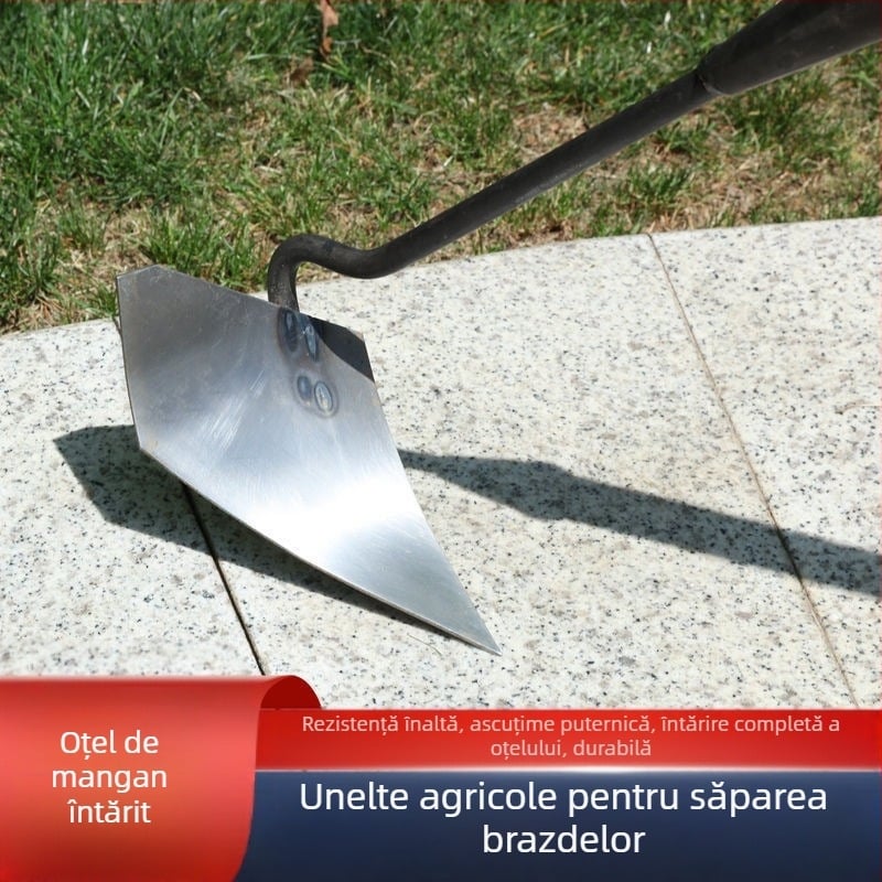 Lopată triunghiulară din oțel mangan îngroșat, pentru săpături de șanțuri și afânarea solului, cu vârf ascuțit.