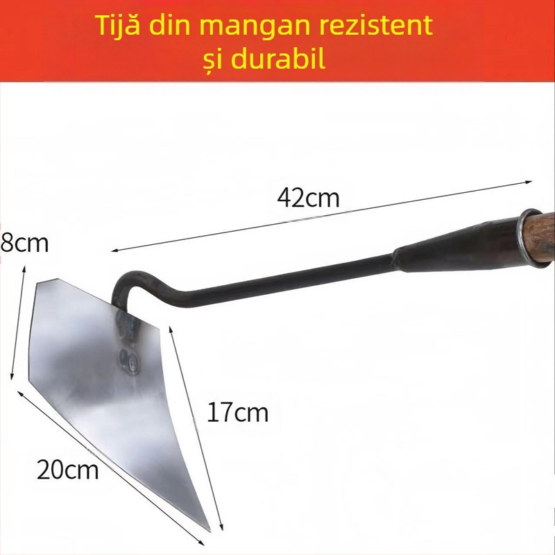 Lopată triunghiulară din oțel mangan îngroșat, pentru săpături de șanțuri și afânarea solului, cu vârf ascuțit.