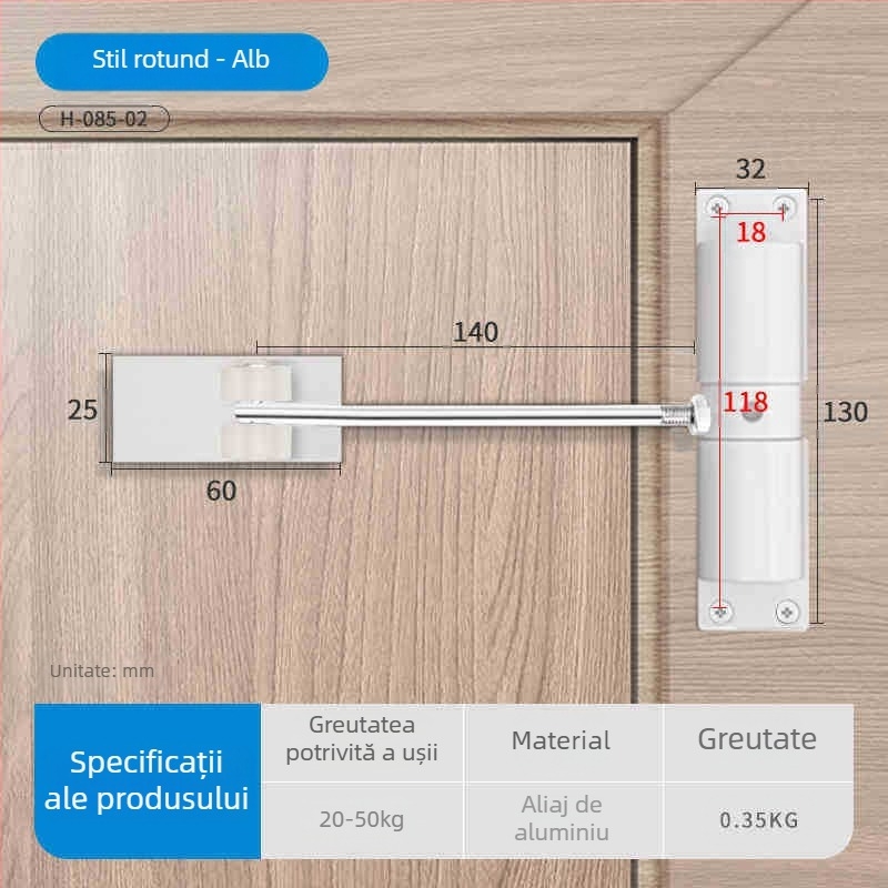 Închizător rotund pentru ușă, automat, cu închidere silențioasă, mecanism de revenire și tampon anti-coliziune