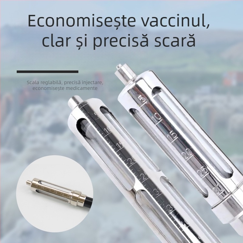 Injecție veterinară din oțel inoxidabil cu braț lung, seringă continuă, injector vaccin reglabil pentru porci, bovine și oi — potrivit pentru zootehnie și acvacultură; funcționează la temperatură normală; asigurare a calității