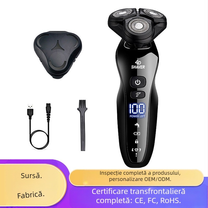 Aparat de ras electric cu cap rotativ de trei lame, reîncărcabil, baterie încorporată 500–800 mAh, autonomie până la 60 de minute, impermeabil pentru curățarea completă a corpului