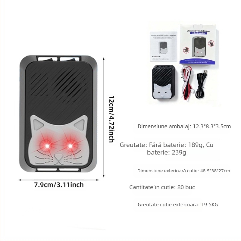 Repeller de șoareci, universal 5V/12V, alarmă ultrasonică 9–65 kHz, 0,6 W, carcasă ABS rezistentă la temperaturi înalte