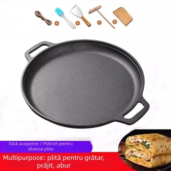 Tigaie de clătite din fontă, cu mânere duble, neacoperită, capac de sticlă; compatibilă cu plite cu inducție și gaz; fund simplu