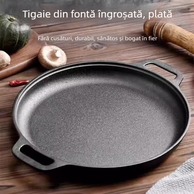 Tigaie de clătite din fontă, cu mânere duble, neacoperită, capac de sticlă; compatibilă cu plite cu inducție și gaz; fund simplu