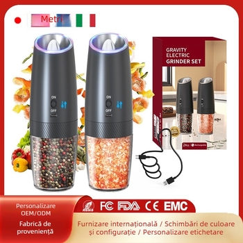 Râșniță electrică de piper cu senzor de gravitație, din oțel inoxidabil, portabilă; mărunțește piper, sare grosieră, boabe de piper și chimen.