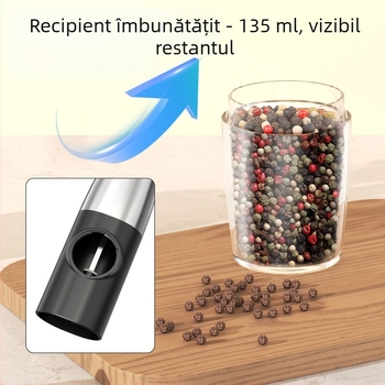 Râșniță electrică de piper cu senzor de gravitație, din oțel inoxidabil, portabilă; mărunțește piper, sare grosieră, boabe de piper și chimen.