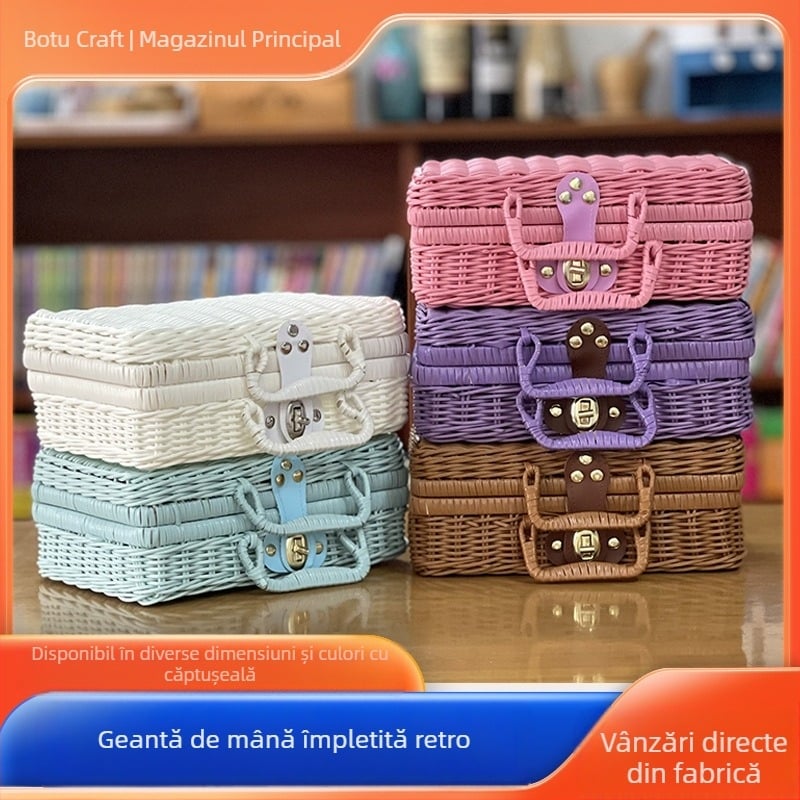 Cutie de depozitare din ratan artificial cu capac, organizator vintage pentru haine, formă pătrată, din plastic, 30×24×12 cm