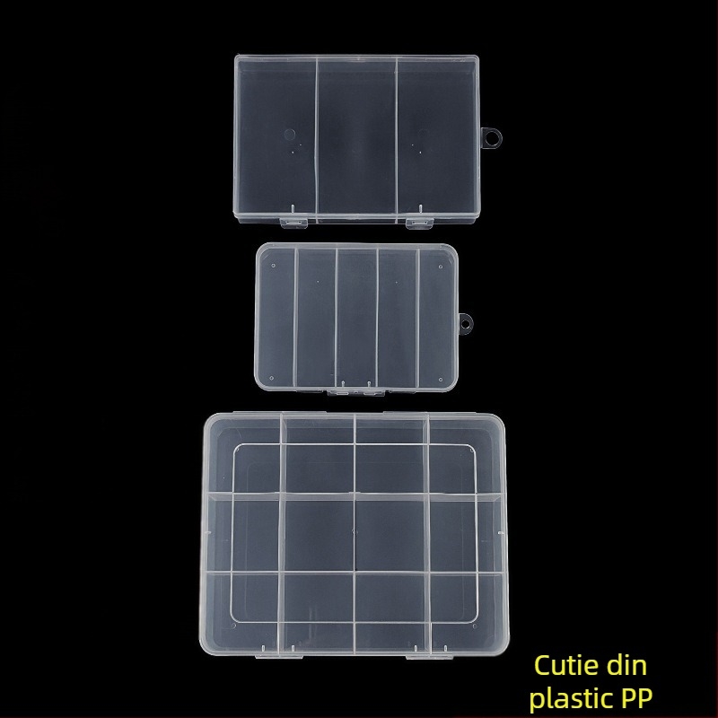 Cutie de depozitare din plastic cu compartimente fixe, capac închis, PP, configurații 3, 5 sau 12 compartimente, pentru mărgele, șuruburi, cârlige, baterii și componente electronice