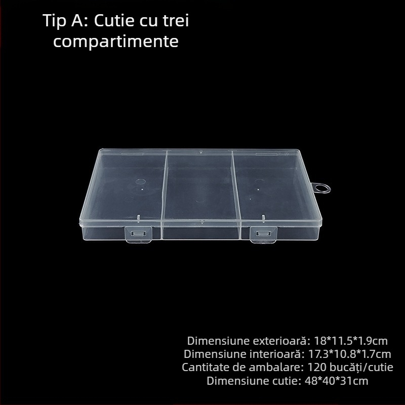 Cutie de depozitare din plastic cu compartimente fixe, capac închis, PP, configurații 3, 5 sau 12 compartimente, pentru mărgele, șuruburi, cârlige, baterii și componente electronice
