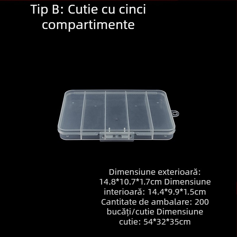 Cutie de depozitare din plastic cu compartimente fixe, capac închis, PP, configurații 3, 5 sau 12 compartimente, pentru mărgele, șuruburi, cârlige, baterii și componente electronice