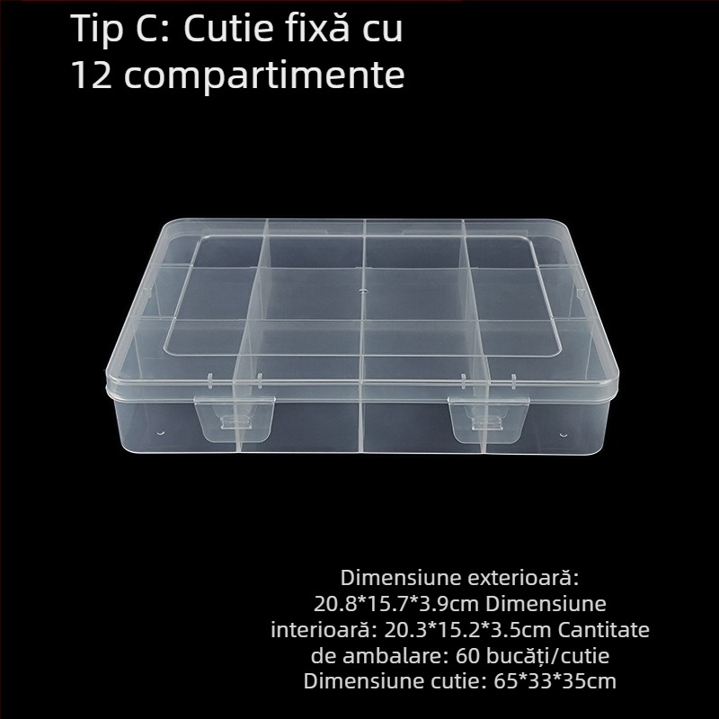 Cutie de depozitare din plastic cu compartimente fixe, capac închis, PP, configurații 3, 5 sau 12 compartimente, pentru mărgele, șuruburi, cârlige, baterii și componente electronice