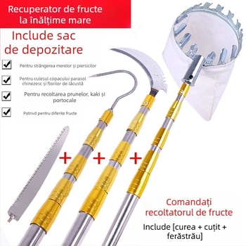Unealtă telescopică pentru cules fructe cu foarfece pentru crengi și cârlig — oțel inoxidabil, braț cu 5–6 secțiuni, lungime reglabilă