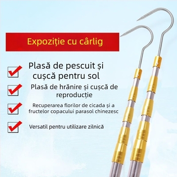 Unealtă telescopică pentru cules fructe cu foarfece pentru crengi și cârlig — oțel inoxidabil, braț cu 5–6 secțiuni, lungime reglabilă