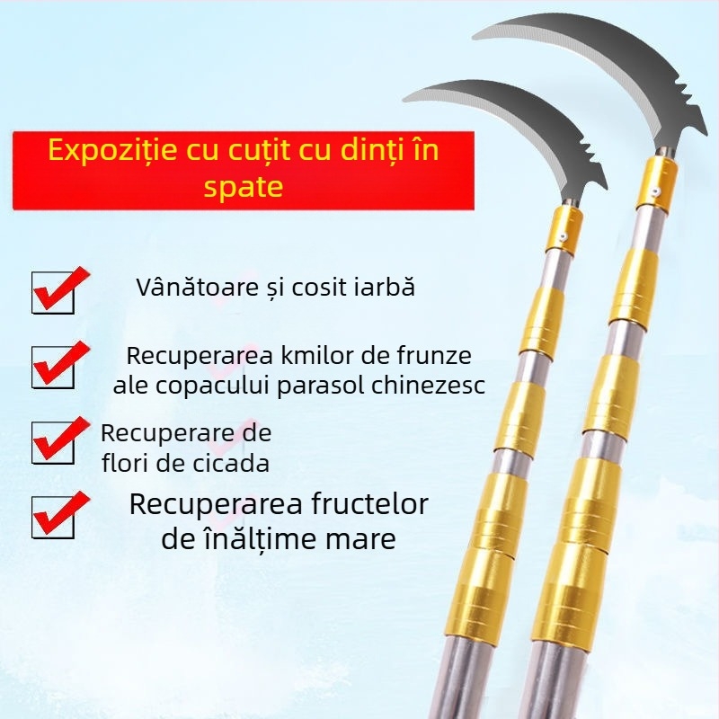 Unealtă telescopică pentru cules fructe cu foarfece pentru crengi și cârlig — oțel inoxidabil, braț cu 5–6 secțiuni, lungime reglabilă