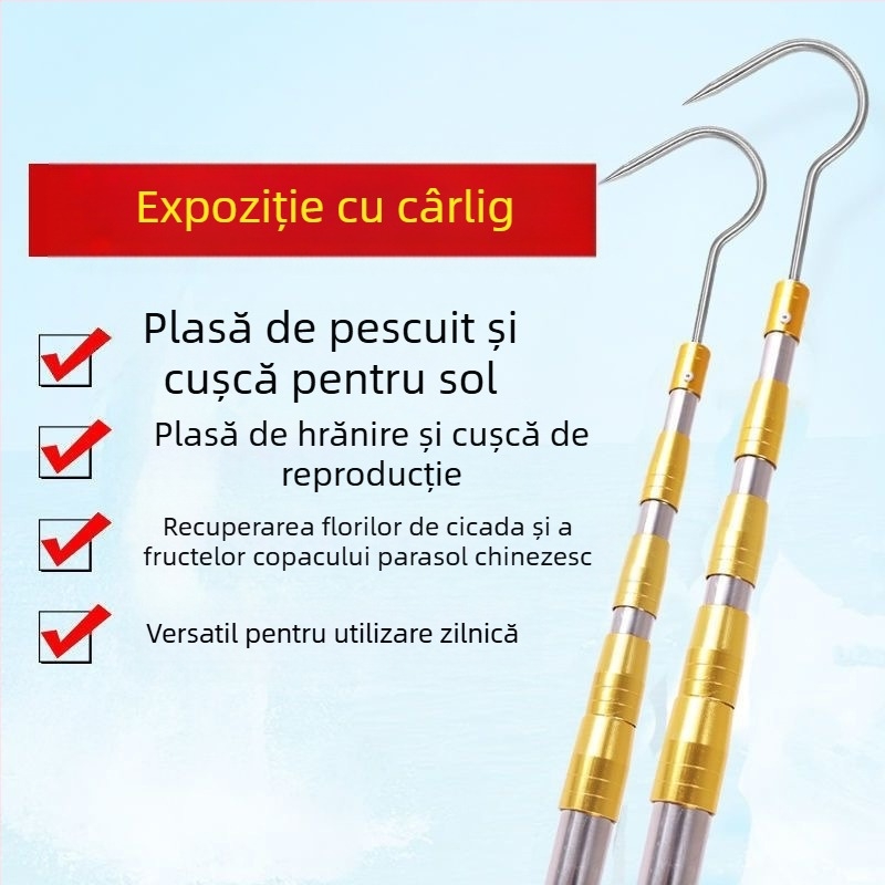 Unealtă telescopică pentru cules fructe cu foarfece pentru crengi și cârlig — oțel inoxidabil, braț cu 5–6 secțiuni, lungime reglabilă