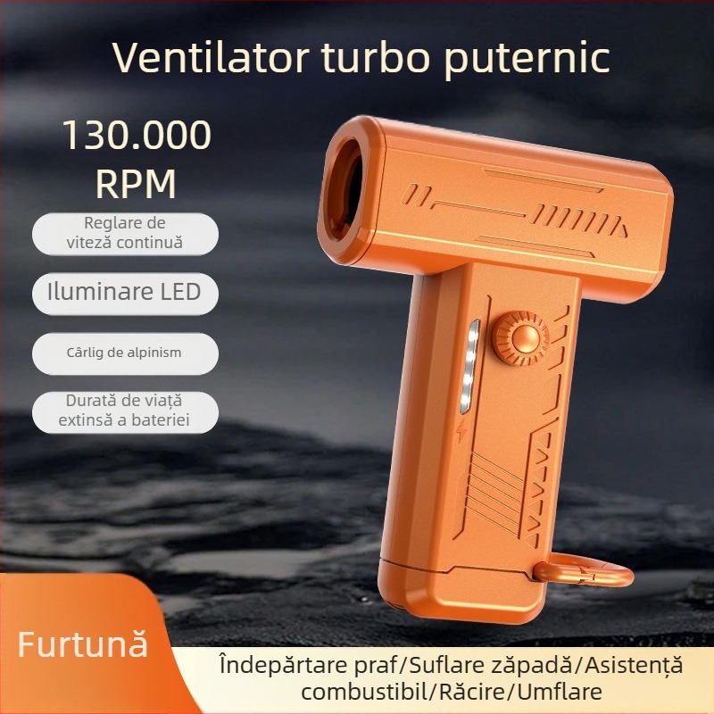 Ventilator turbina compact cu lumină încorporată, mini ventilator manual pentru camping și activități în aer liber, flux de aer de înaltă viteză și suflător de praf
