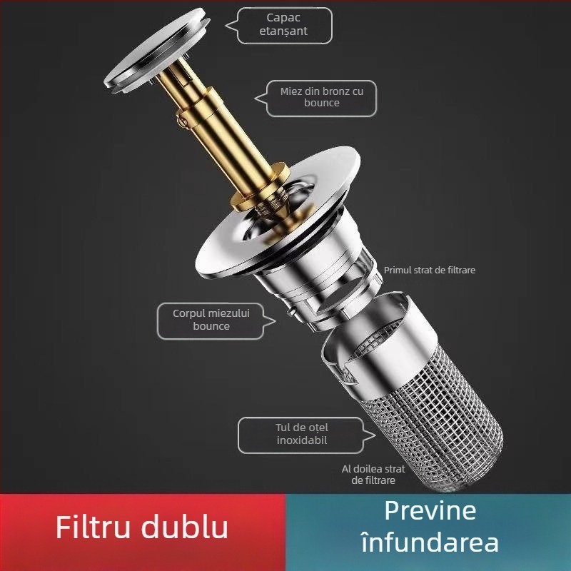 Cap de scurgere pentru chiuvetă, universal, tip rebound (ABS + oțel inoxidabil, nucleu de cupru)