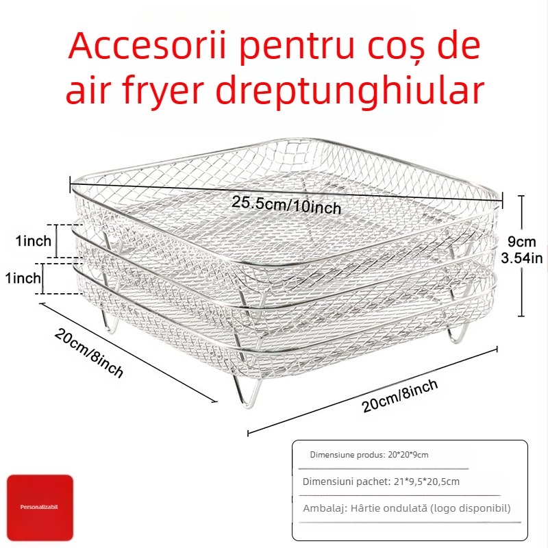 Rețea de grătar din oțel inoxidabil, trei straturi, pentru air fryer – cadru de filtrare pentru deshidratare, lustruit și sudat