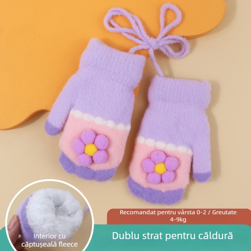 Mănuși tricotate pentru copii, căptușite cu fleece, model desen animat, unisex, vârsta 0-2 ani