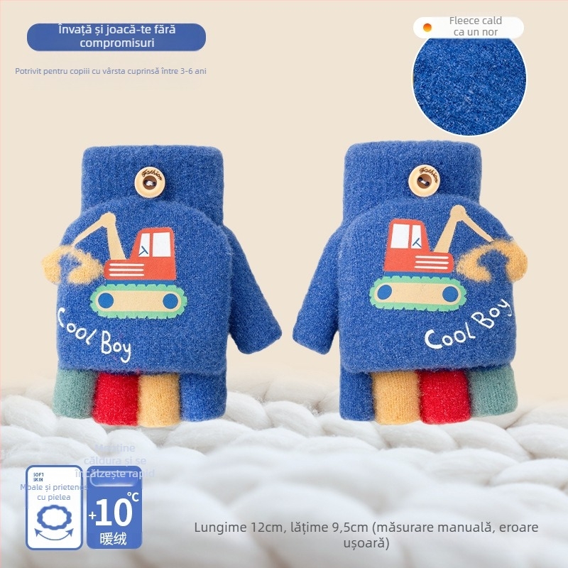 Mănuși de iarnă pentru copii cu design desen animat: băiețel săpător drăguț, degete jumătate și capac flip-top, tricotate din lână