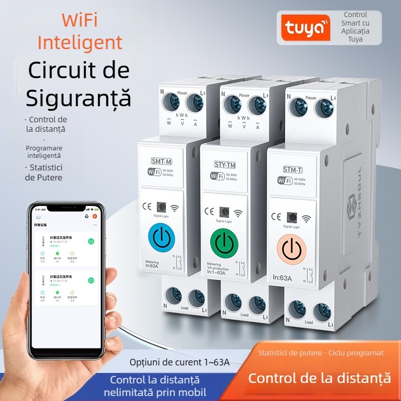 TYZHSOUL întrerupător circuit Tuya Smart Life WiFi – montare pe șină DIN, 76–270V, 63A, control de la distanță și monitorizare a puterii