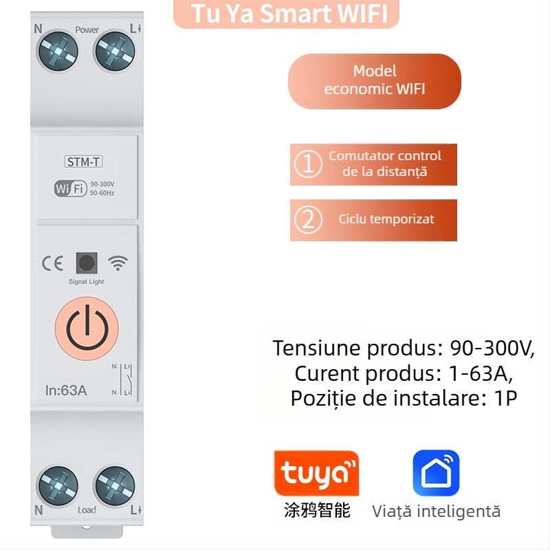 TYZHSOUL întrerupător circuit Tuya Smart Life WiFi – montare pe șină DIN, 76–270V, 63A, control de la distanță și monitorizare a puterii