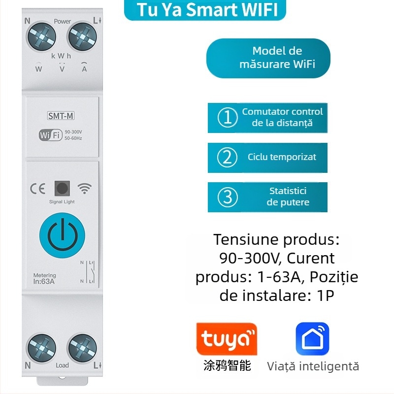 TYZHSOUL întrerupător circuit Tuya Smart Life WiFi – montare pe șină DIN, 76–270V, 63A, control de la distanță și monitorizare a puterii