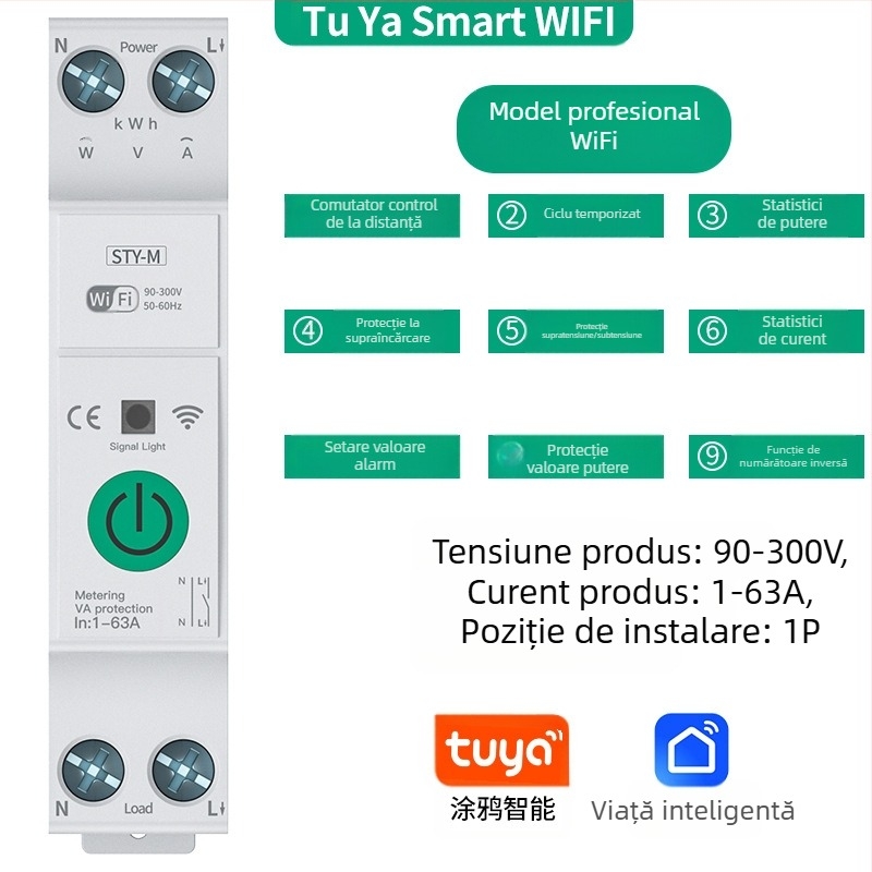 TYZHSOUL întrerupător circuit Tuya Smart Life WiFi – montare pe șină DIN, 76–270V, 63A, control de la distanță și monitorizare a puterii