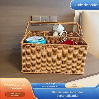 Coș de depozitare împletit din rattan artificial, lucrat manual; model: coș de depozitare pentru jucării; stil: pastoral; potrivit pentru rechizite, medicamente, carduri magnetice și cabluri de căști.