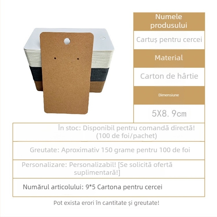 Carduri pentru cercei din carton, material hârtie/carton, 1 set/100 foi, ambalaj interior