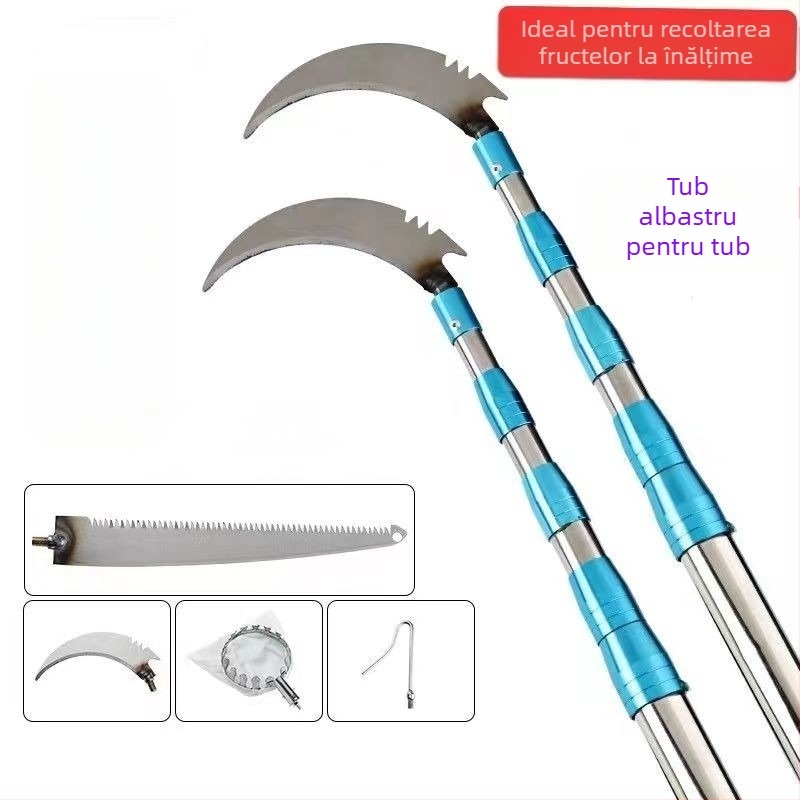 Tijă telescopică de cules fructe cu cârlig, din oțel inoxidabil și priză galvanizată; 3–6 secțiuni; greutăți 0,6 kg / 1,7 kg / 2,5 kg