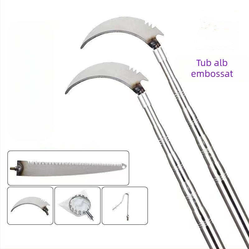 Tijă telescopică de cules fructe cu cârlig, din oțel inoxidabil și priză galvanizată; 3–6 secțiuni; greutăți 0,6 kg / 1,7 kg / 2,5 kg