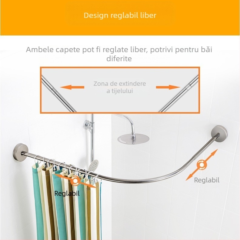 Bară de duș din oțel inoxidabil, curbată în formă de U, retractabilă, pentru baie, fără găuri