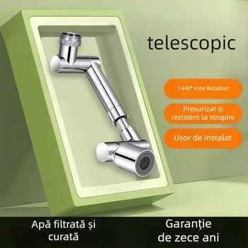 Robinet cu braț mecanic pentru chiuvetă, 1440° rotativ, corp din aliaj, control cu un singur mâner, finisaj electroplatinat, interval de operare 0-80°C