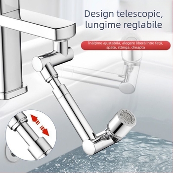 Robinet cu braț mecanic pentru chiuvetă, 1440° rotativ, corp din aliaj, control cu un singur mâner, finisaj electroplatinat, interval de operare 0-80°C