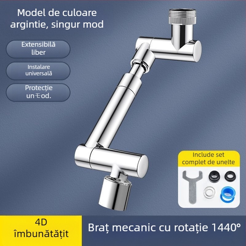 Robinet cu braț mecanic pentru chiuvetă, 1440° rotativ, corp din aliaj, control cu un singur mâner, finisaj electroplatinat, interval de operare 0-80°C