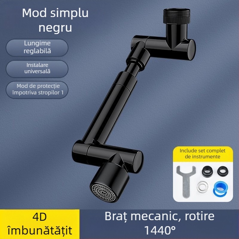 Robinet cu braț mecanic pentru chiuvetă, 1440° rotativ, corp din aliaj, control cu un singur mâner, finisaj electroplatinat, interval de operare 0-80°C