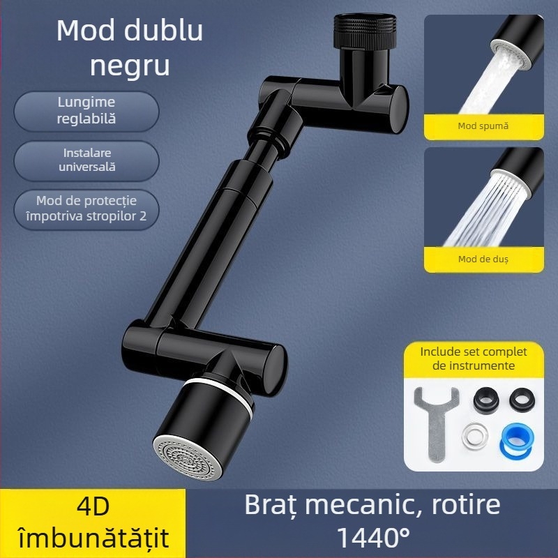 Robinet cu braț mecanic pentru chiuvetă, 1440° rotativ, corp din aliaj, control cu un singur mâner, finisaj electroplatinat, interval de operare 0-80°C