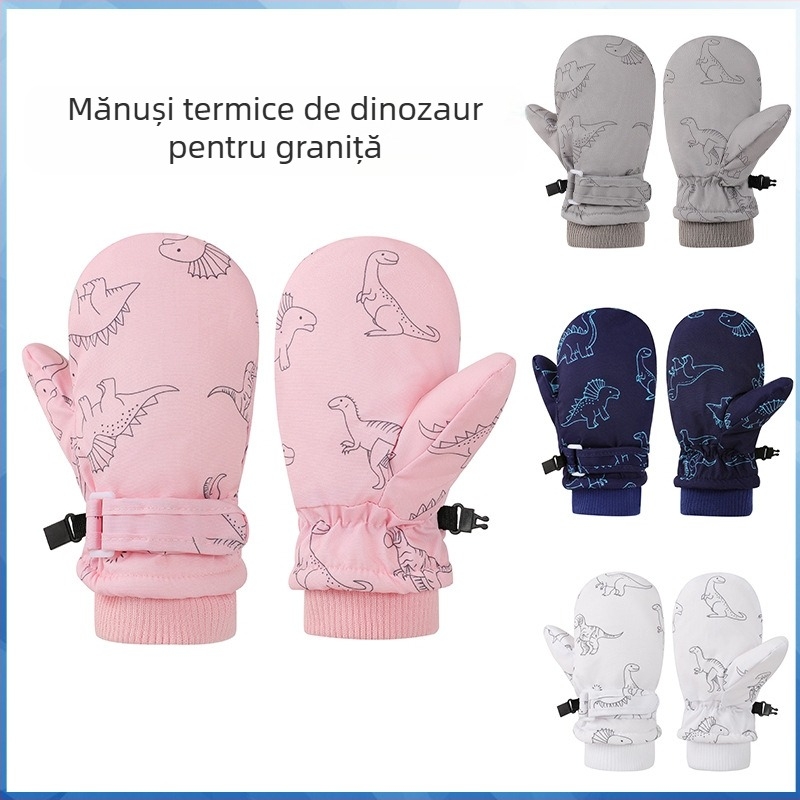 Mănuși de schi pentru copii, mitene, model cu dinozaur, unisex, 2–8 ani, poliester
