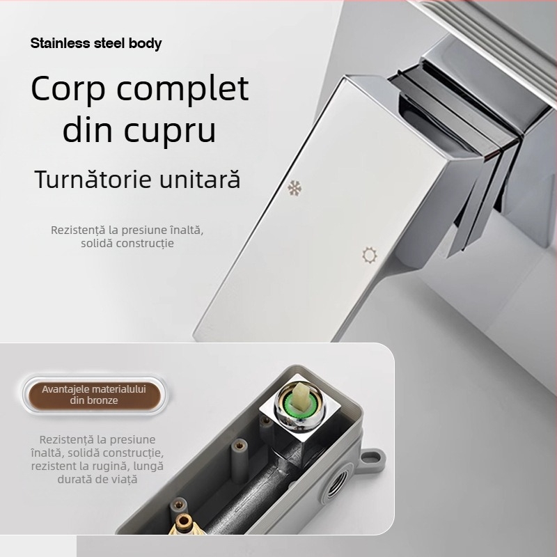 Set de duș încastrat din cupru și robinet pentru chiuvetă, montaj pe perete, robinet cu disc ceramic, structură dublă, finisaj electroplacat