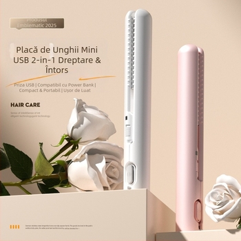 Mini placă de păr USB – dual pentru îndreptare și ondulare a părului, fără a deteriora firele; încălzitor ceramic turmalin; compatibil cu power bank extern; 13W/5V; reglaj temperatură