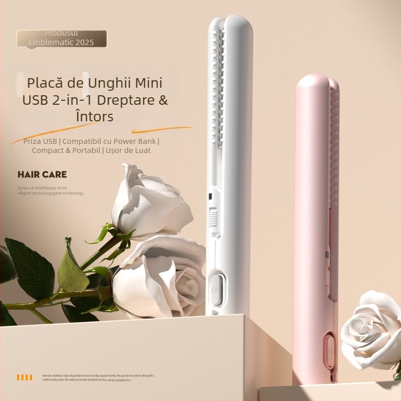 Mini placă de păr USB – dual pentru îndreptare și ondulare a părului, fără a deteriora firele; încălzitor ceramic turmalin; compatibil cu power bank extern; 13W/5V; reglaj temperatură