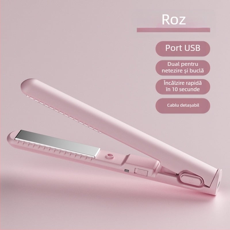 Mini placă de păr USB – dual pentru îndreptare și ondulare a părului, fără a deteriora firele; încălzitor ceramic turmalin; compatibil cu power bank extern; 13W/5V; reglaj temperatură