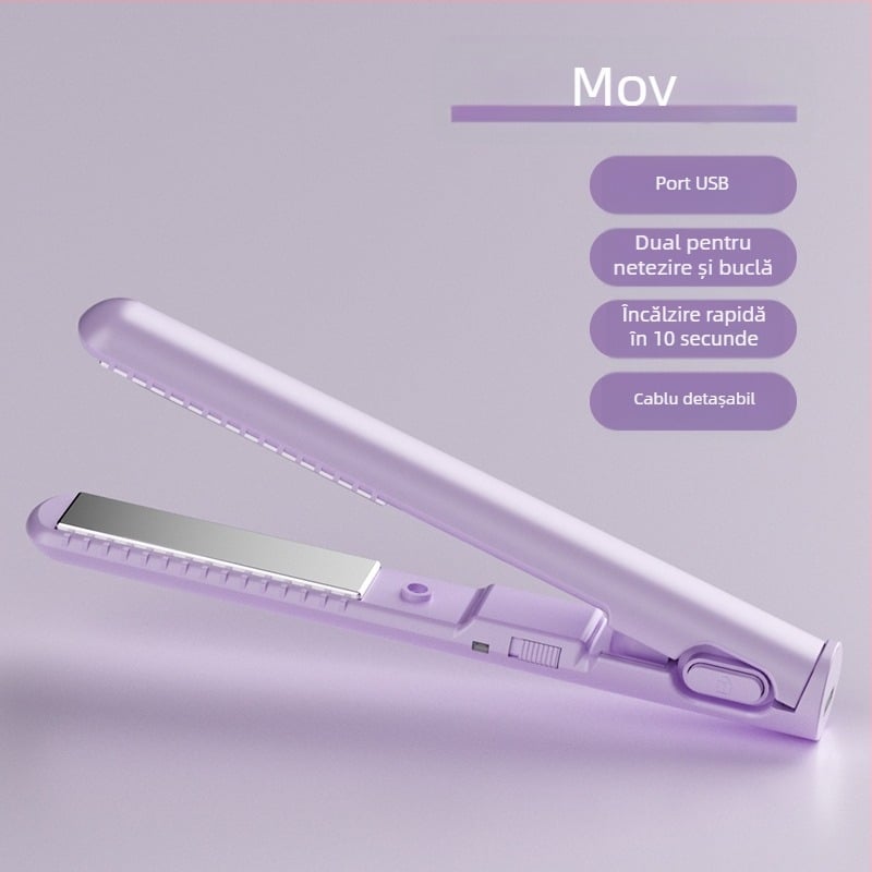 Mini placă de păr USB – dual pentru îndreptare și ondulare a părului, fără a deteriora firele; încălzitor ceramic turmalin; compatibil cu power bank extern; 13W/5V; reglaj temperatură